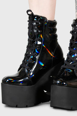 Diana Crescent Wedge Boots [BLACK HOLOGRAPHIC]