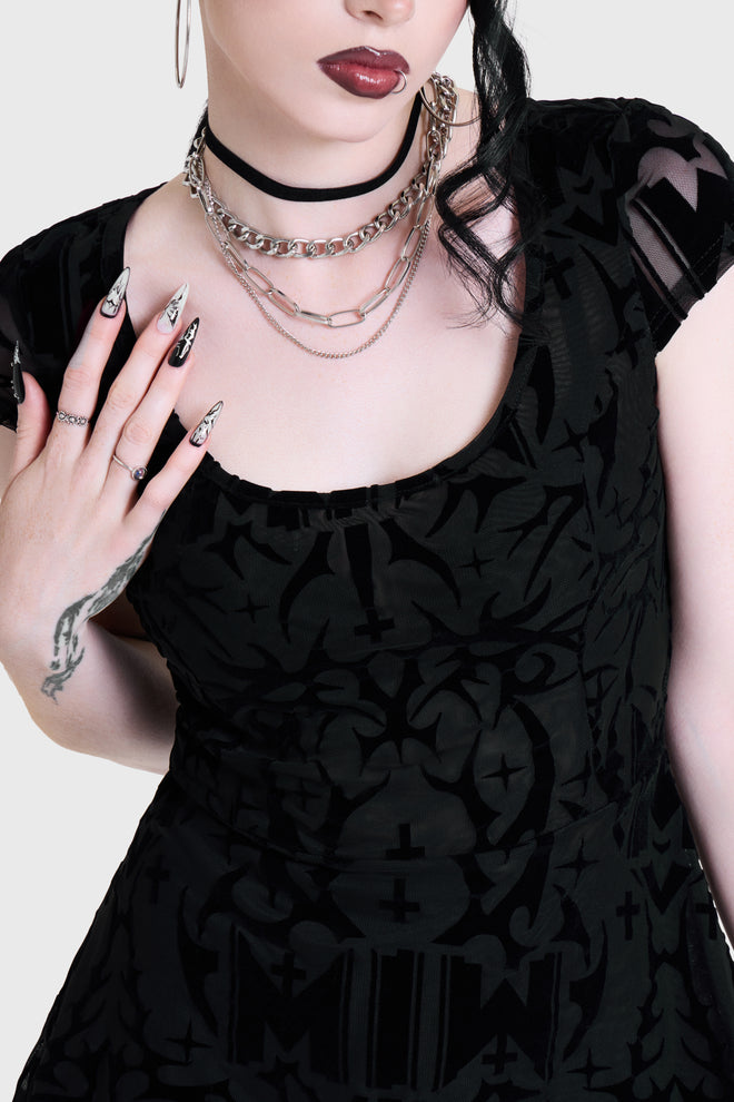 ETERNALLY YOURS FLOCKED MESH SKATER DRESS