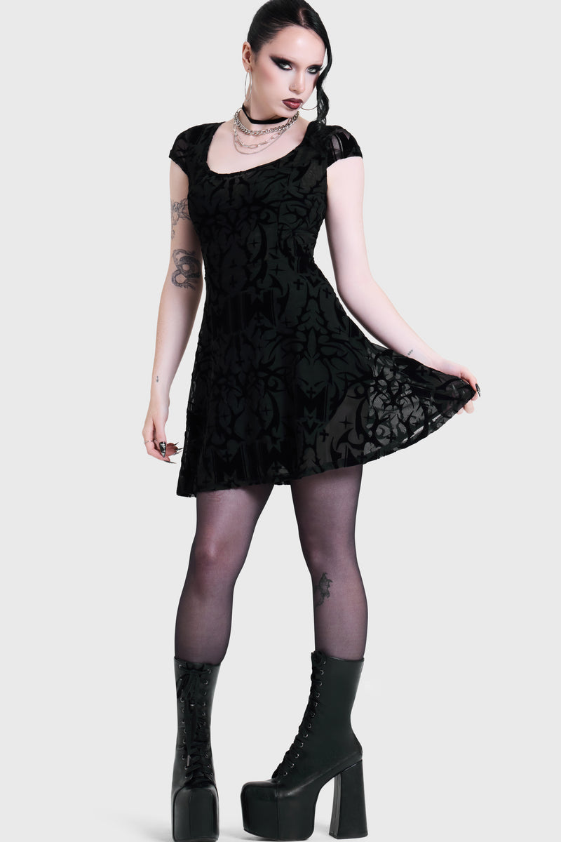 ETERNALLY YOURS FLOCKED MESH SKATER DRESS