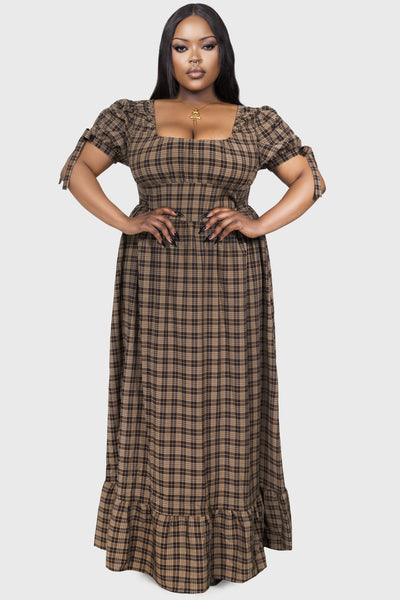 brown tartan dress Joyfolie Women's Roisin Maxi Dress in Cinnamon Tartan | Boho Plaid Maxi Maxi Dress