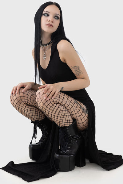 hooded black dress Gothic Witch Maxidress Halloween Priestess Punk Design Lace Neckline Mother of All Women's Pepper