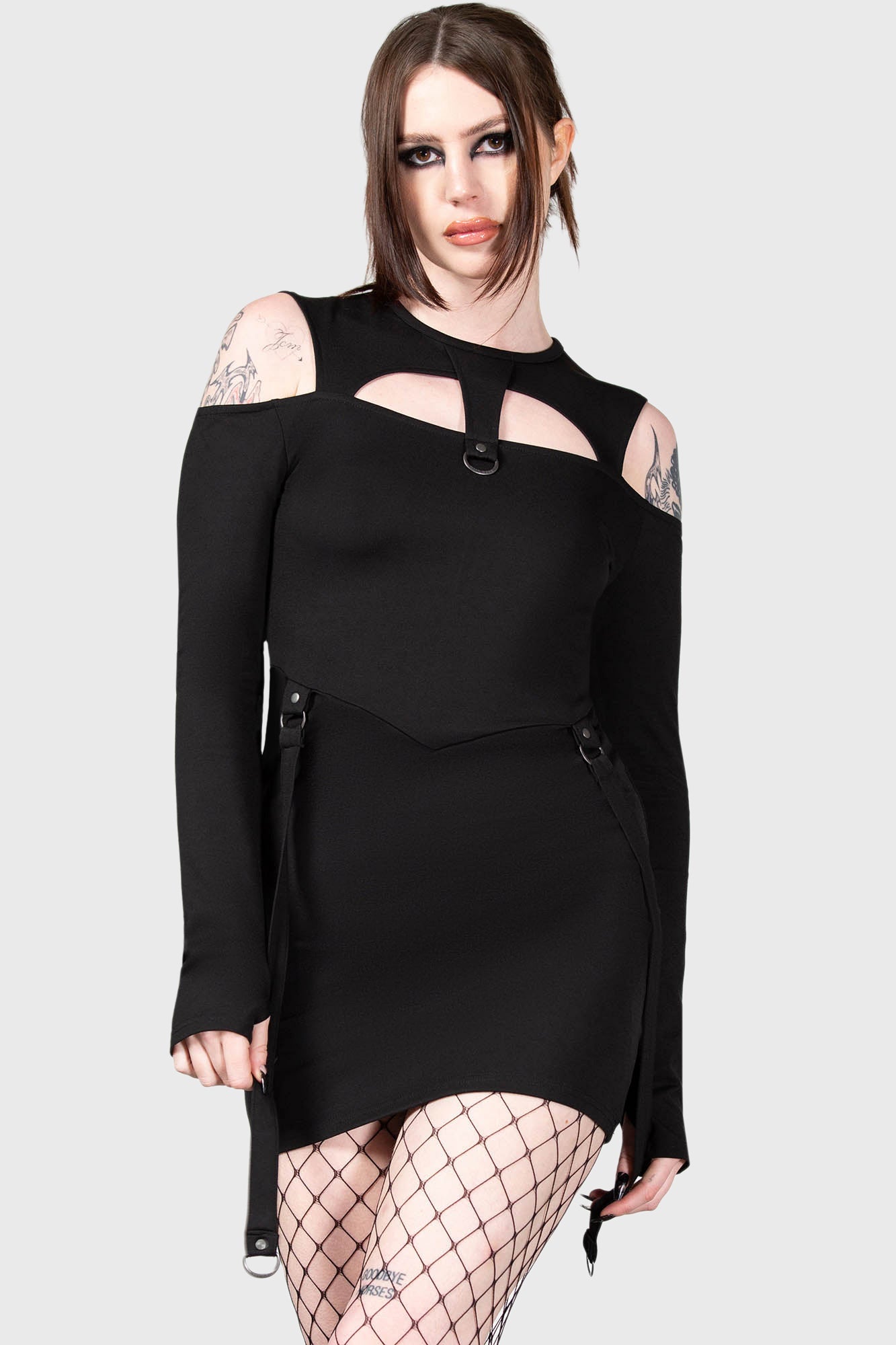 Veronique Long Sleeve Lace Cup Mini Dress in Black