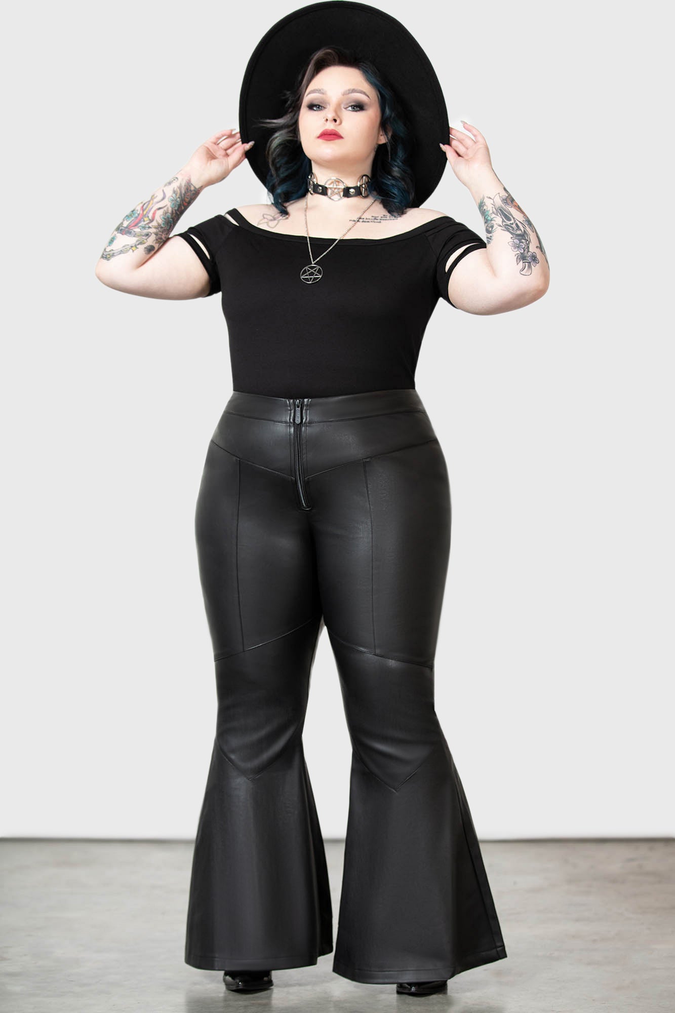 Black Faux Leather Bell Bottom Pants (Plus Sizes Available)