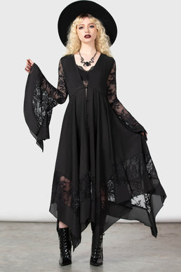 Fitshinling Goth Lace Long Dress Camisole Neck-Mounted Perspective Thin  Dresses Gothic Grace Dark Elegant Summer Women Vestido