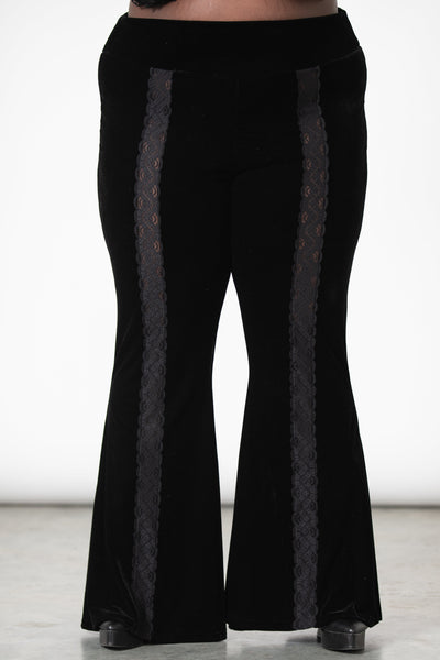 Lina Pleated Velour Bell Bottoms - Black